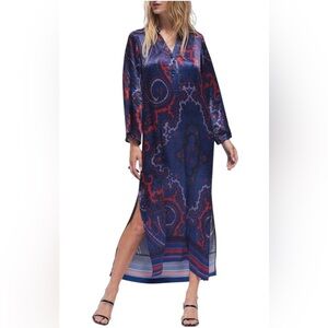 Nwot Hermoza Antoinette midnight Blue & red scarf collared midi dress size xs